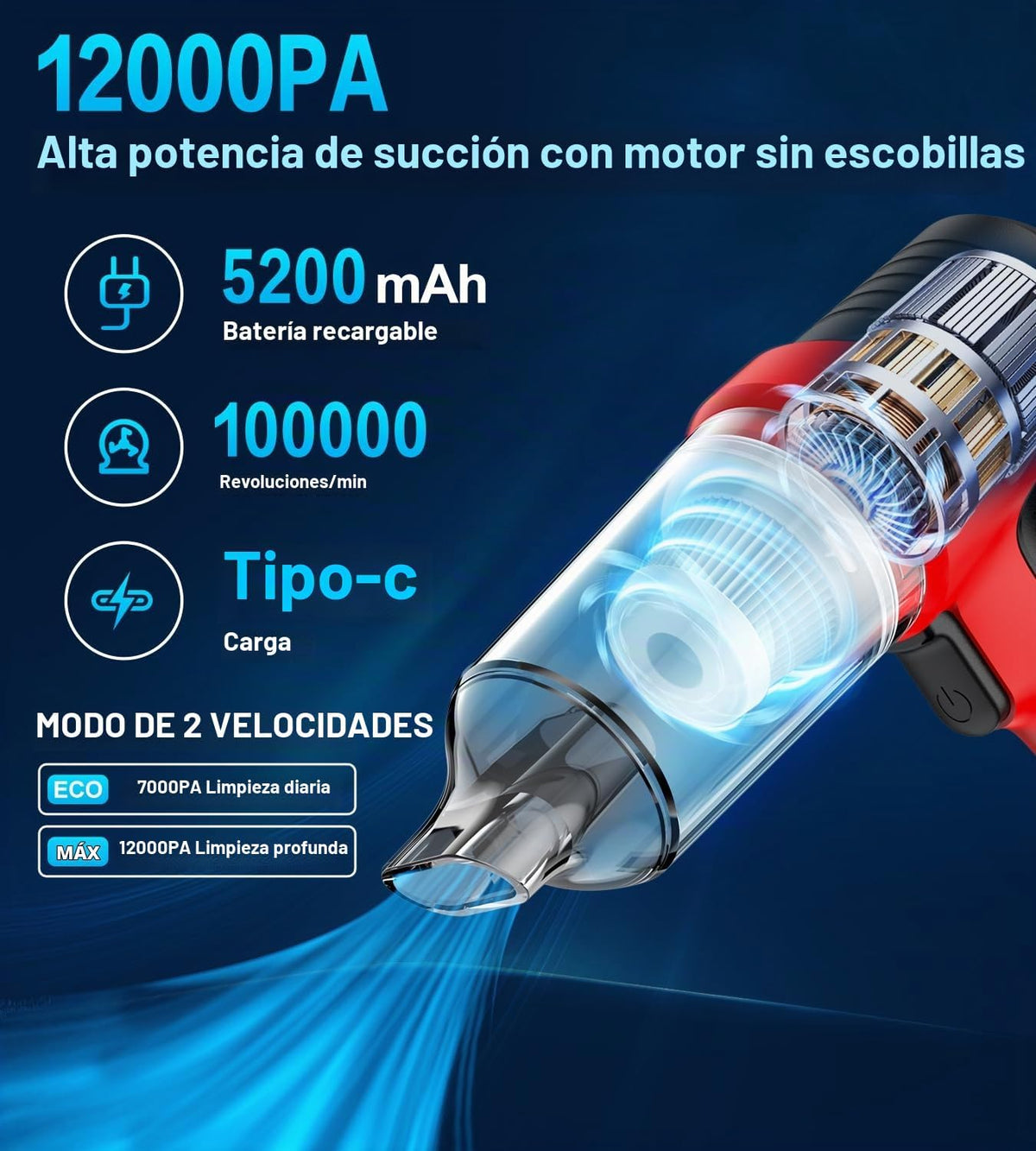 Aspiradora portátil inalámbrica para automóvil, 4 en 1, mini aspiradora de alta potencia, 12000 Pa potente succión, plumero de aire, filtro doble, ajustable, pequeño aspirador portátil inalámbrico para automóvil, hogar, mascota, oficina