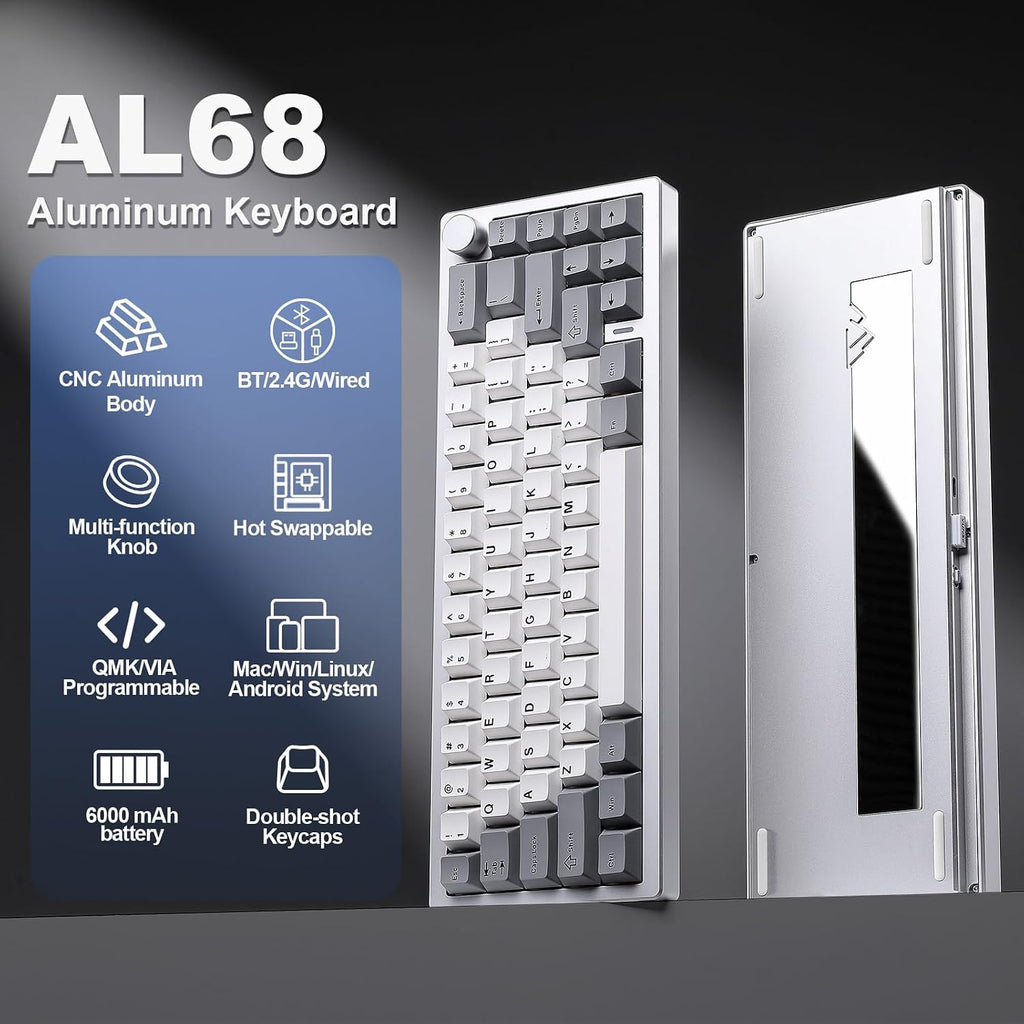 YUNZII Teclado mecánico inalámbrico de aluminio AL68 (plata, Gateron cero)