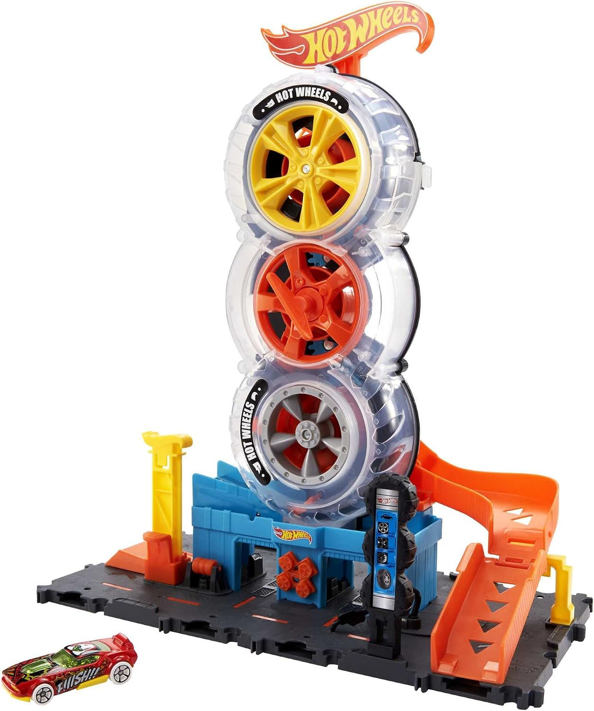 Hot Wheels City Super Twist Tire Shop Set de Juego y Auto de Juguete