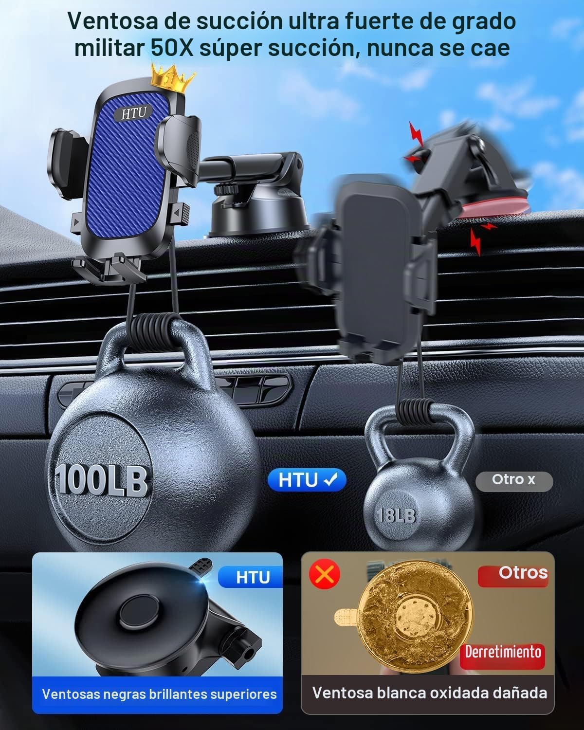 Soporte de teléfono celular para automóvil [potente ventosa] Soporte de teléfono azul zafiro para salpicadero, ventilación de aire, brazo largo, soporte de teléfono celular, funda gruesa, compatible con teléfonos pesados, azul