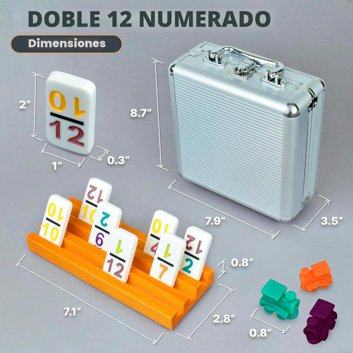 Queensell Juego de dominó de tren mexicano con números y 4 soportes, cubo de madera y soportes de dominó, doble 12 con números (números D12 + 4 soportes)