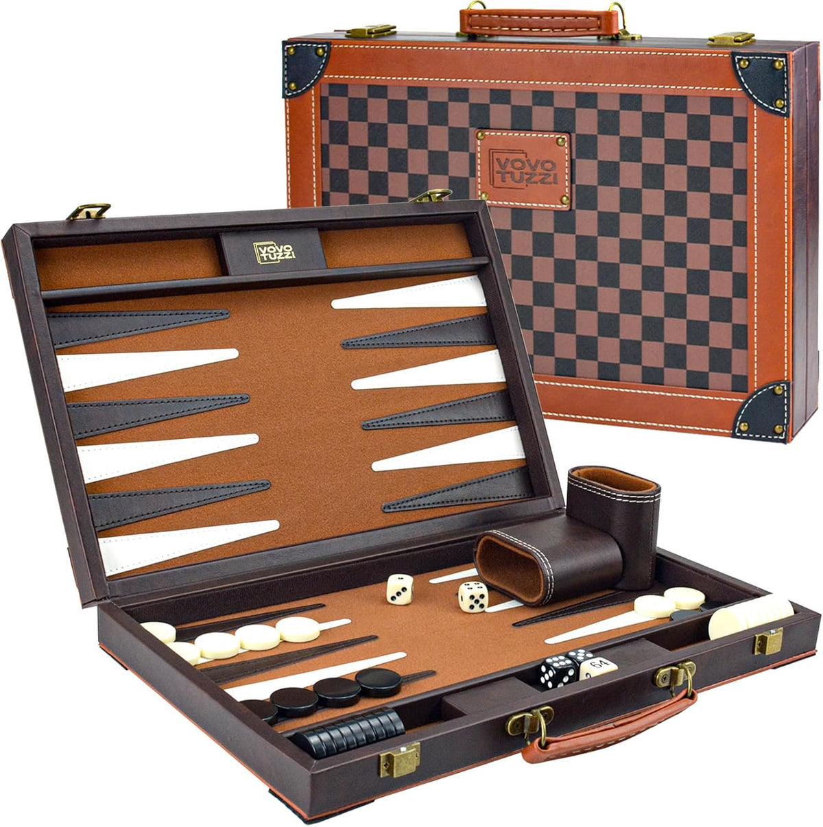 Backgammon Set para adultos, piel sintética de 15 pulgadas, color marrón
