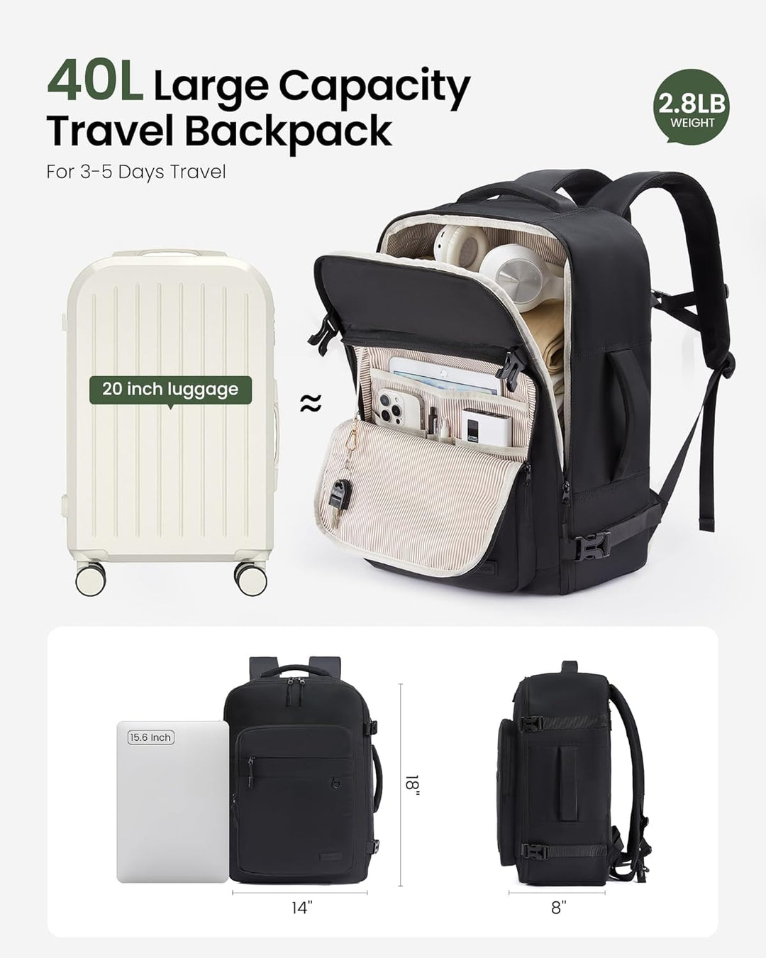 LOVEVOOK Mochila de transporte de 40 L, mochila grande de viaje de...