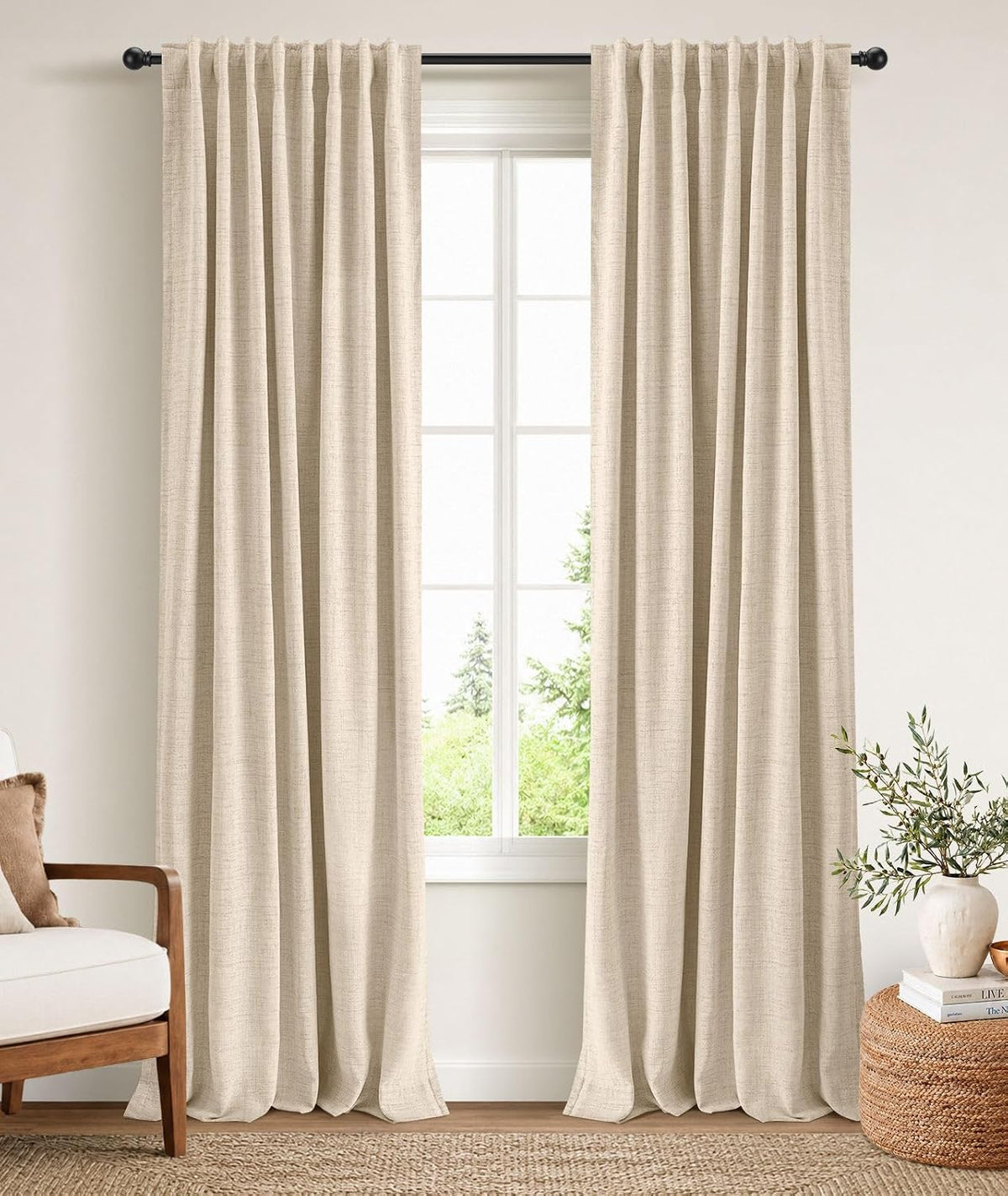 INOVADAY Cortinas 100% opacas de 84 pulgadas de largo, juego de 2 paneles de lino con pestaña trasera y bolsillo para barra, cortinas opacas para dormitorio, cortinas de ventana con aislamiento