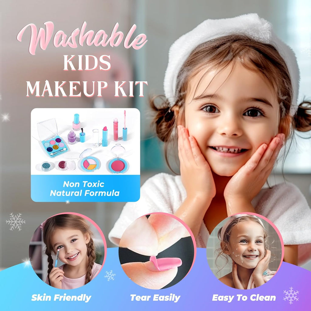 INNOCHEER - Kit de maquillaje infantil para niñas, juego de maquillaje congelado para niñas, kit de maquillaje lavable real para niñas, regalos de princesa de cumpleaños, Navidad, para niñas de 3, 4, 5, 6, 7, 8, 9, 10, 11, 12 años
