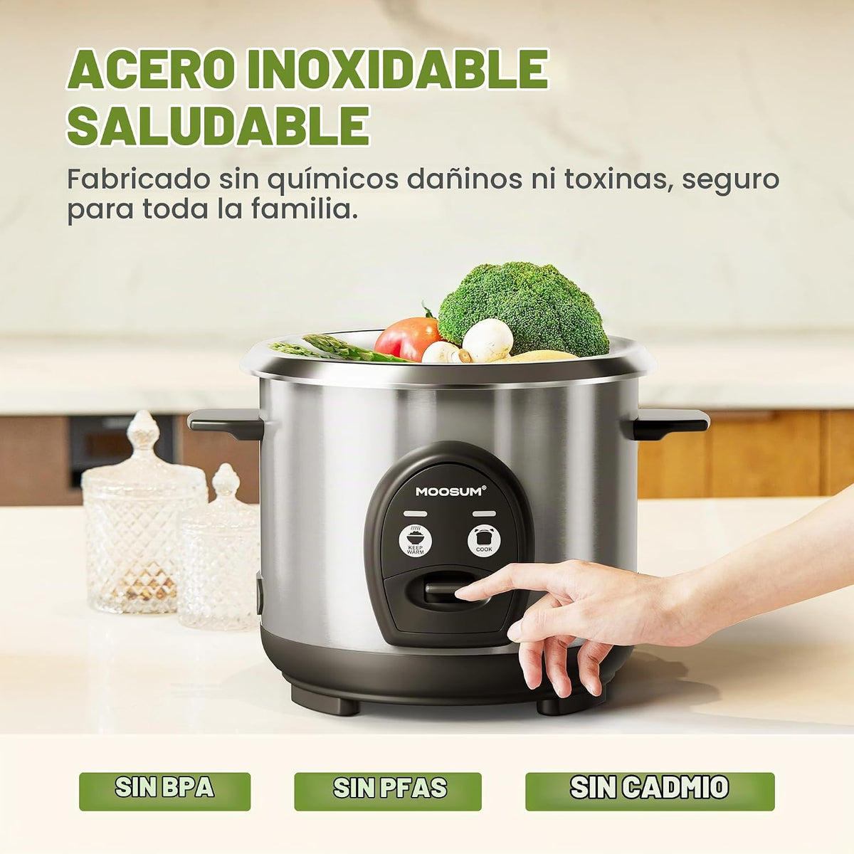 Olla arrocera sin cocer de 3 tazas, pequeña, de acero inoxidable, olla interior no tóxica, multifunción con un solo toque para arroz, salteado/yogur, apta para lavavajillas, tamaño de 1 a 3 personas, color plateado