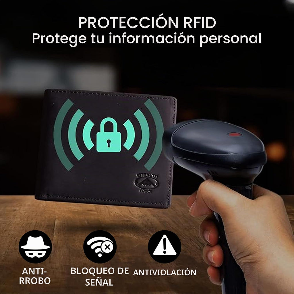 Cartera plegable de piel Stealth Mode para hombre con ventana de identificación y bloqueo RFID