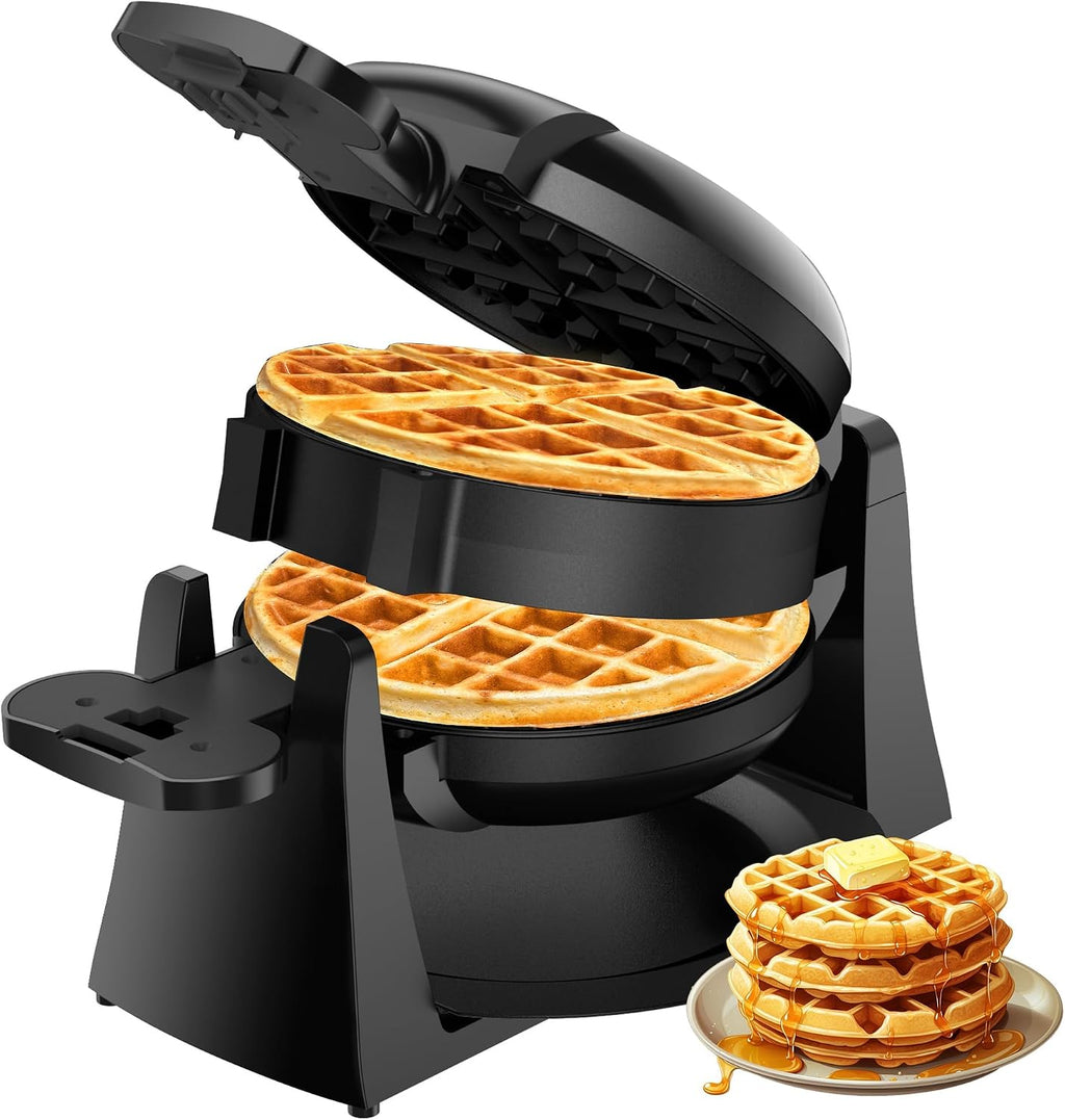 Waffle Maker, Plancha para gofres belga doble de 1400W, volteo de 180°, 8 rebanadas, placas giratorias y antiadherentes, bandeja para goteo removible para fácil limpieza, mangos de toque frío
