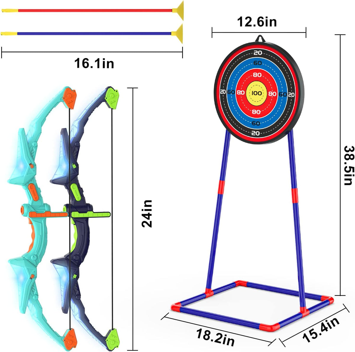 Kmuxilal Set de Arco y Flecha para Niños 2 Pack con Luces LED, 14 Flechas con Ventosa y Diana de Pie Fluorescente - Juego de Tiro con Arco Perfecto para Interior y Exterior, Juguete Regalo para Niños de 4 5 6 7 8-12 Años