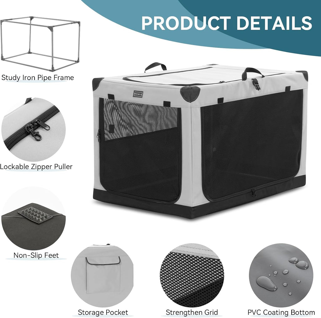 PETSFIT Jaula portátil suave de 36 pulgadas para perros – Marco resistente en espiral patentado, perrera plegable para perros medianos y grandes, 3 puertas de malla, cremalleras con cerradura