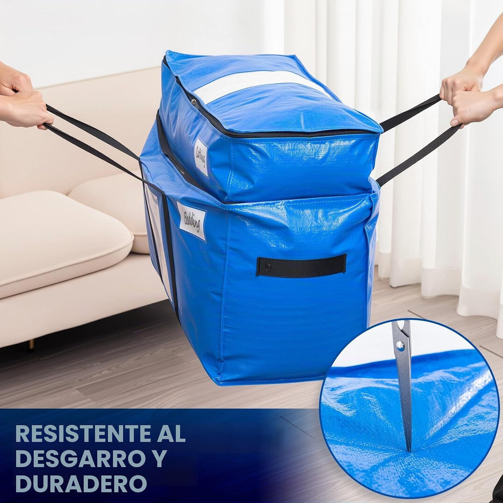 TAILI - Bolsas de mudanza extra grandes con 2 niveles, paquete de 4 bolsas azules resistentes para almacenamiento con ventana visible, asas envolventes, almacenamiento y ahorro de espacio