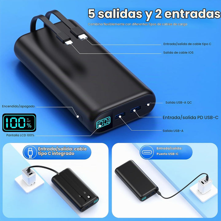 Cargador Portátil 40,800mAh Banco de Energía con Cables Integrados,...