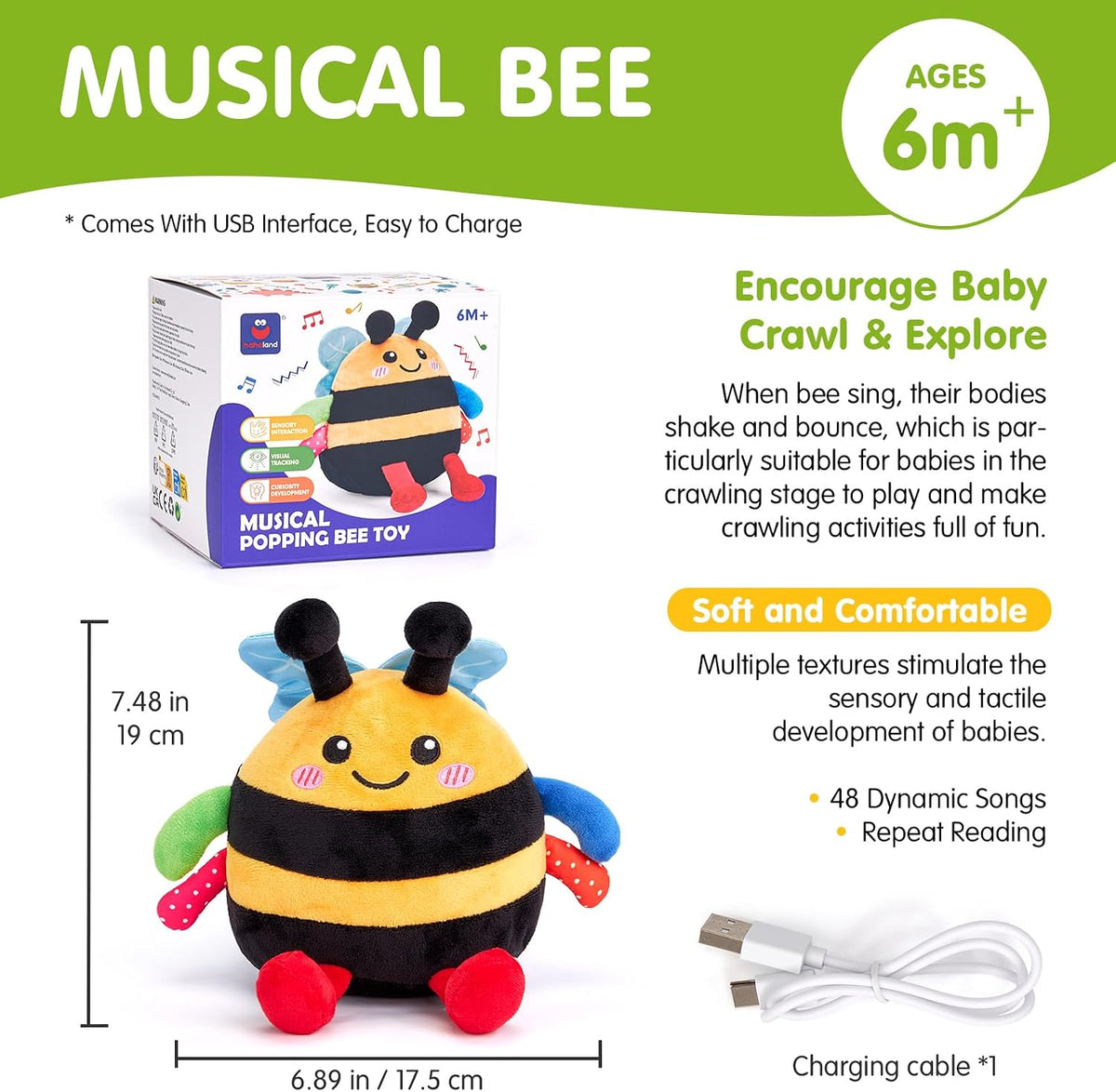hahaland Juguete musical que rebota la abeja de la felpa que rebota durante