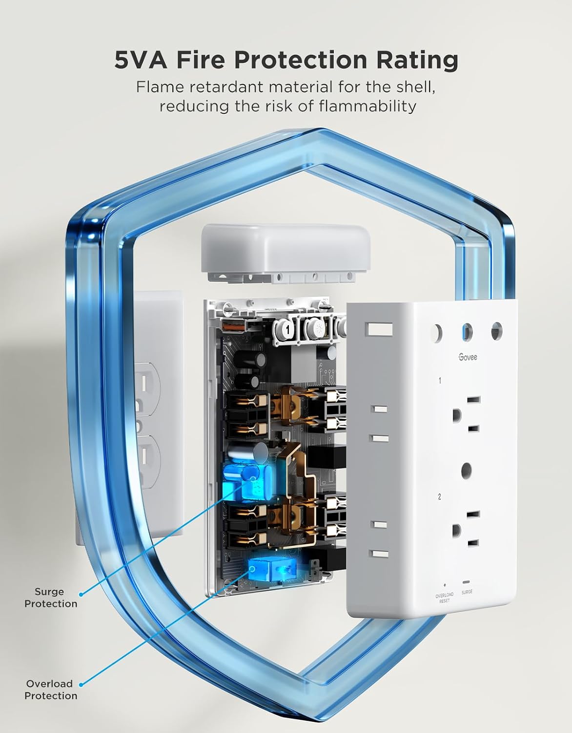 Lámpara Extensión de enchufe inteligente Govee, tira de alimentación inteligente de 3 lados con 2 tomas inteligentes y 2 puertos USB con luz nocturna RGB, control por aplicación y voz, protección contra