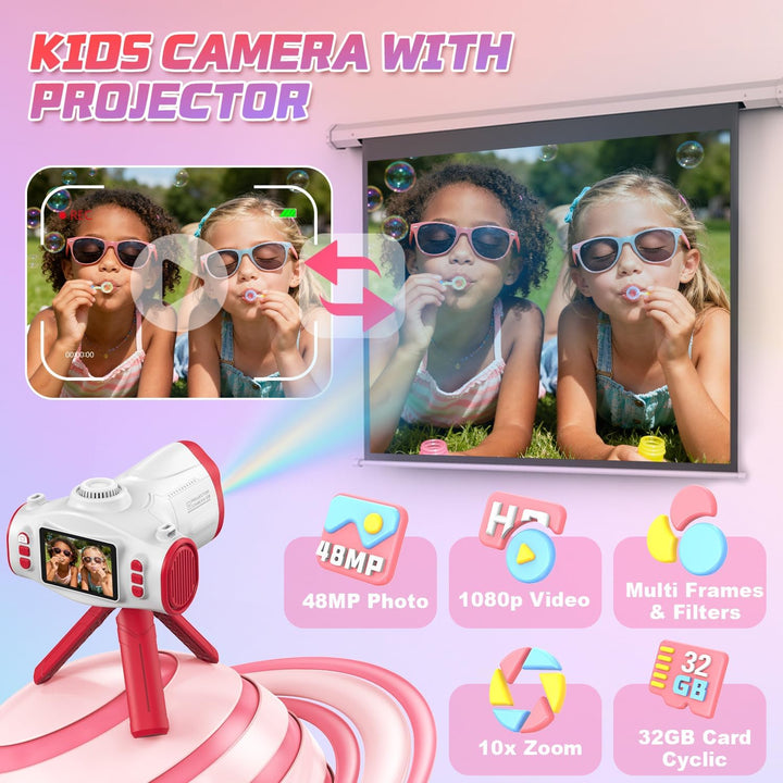 Uffylle Cámara para niños con proyector, cámara de video selfie par...