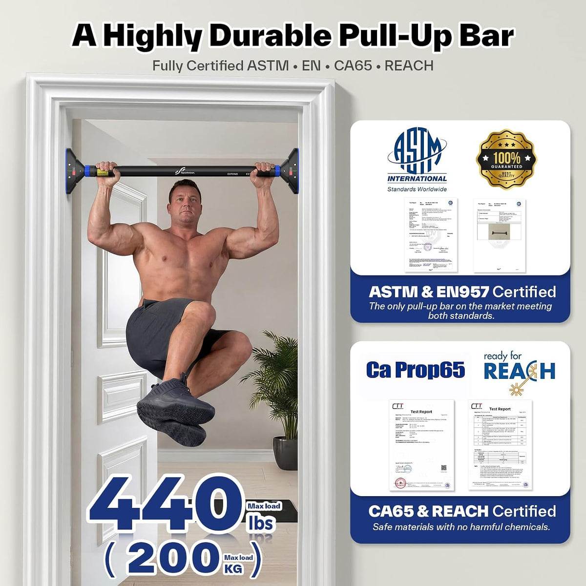 Sportneer Barra de Dominadas para Puerta, Sin Taladro, 29.5-37 in, 440 lb