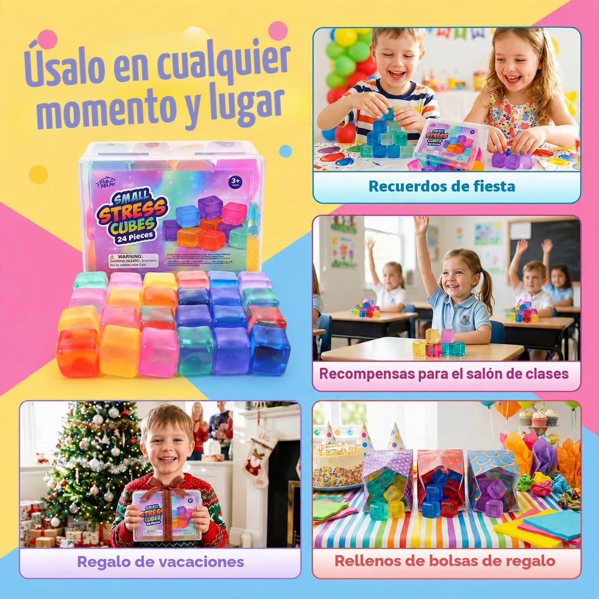 Paquete de 24 mini cubos de estrés para niños: juguetes suaves de 1.18 pulgadas con caja de almacenamiento, juguetes sensoriales de levantamiento lento para premios de aula, juguetes de caja de