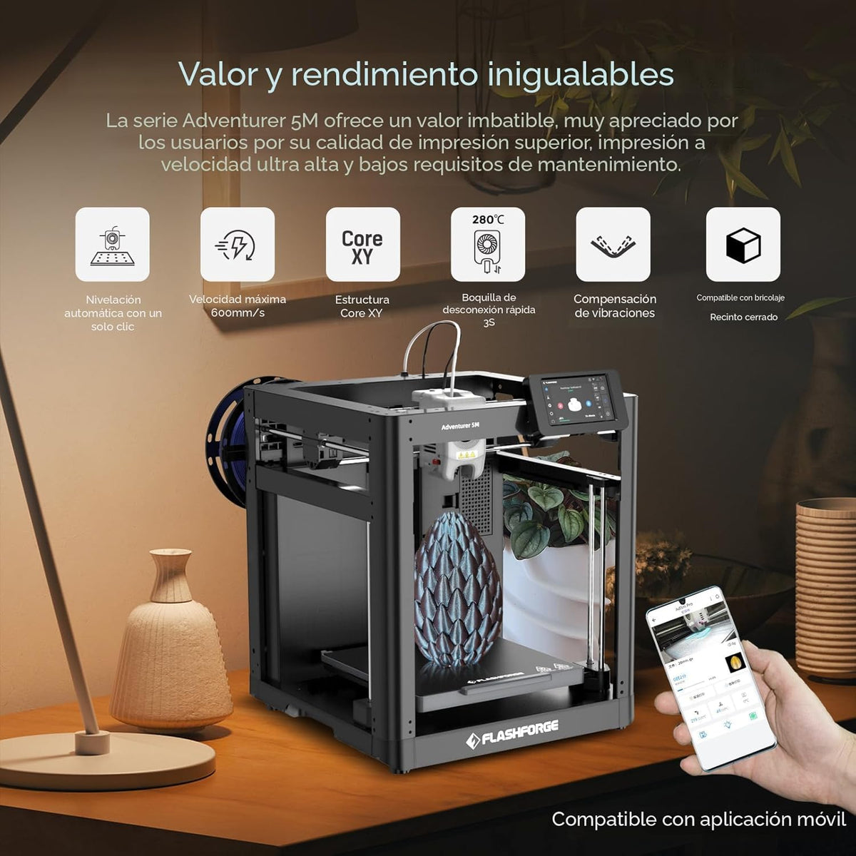 FLASHFORGE Impresora 3D Adventurer 5M con nivelación totalmente automática, impresión de alta velocidad máxima de 23.622 in/s, extrusora directa de 536.0 °F con boquilla desmontable 3S, estructura totalmente metálica CoreXY, tamaño de impresión