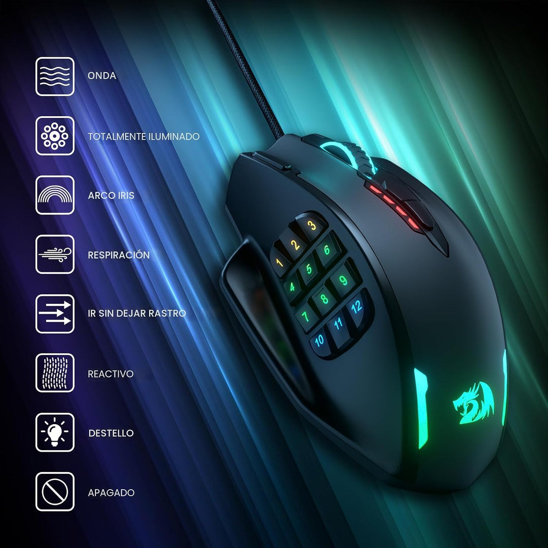 Redragon M908 Impact RGB LED MMO ratón para juegos con 12 botones l...
