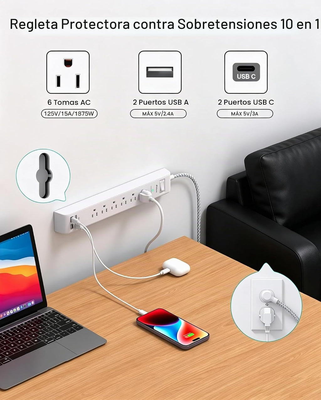 Mifaso Paquete de 2 regletas de alimentación, cable de extensión de enchufe