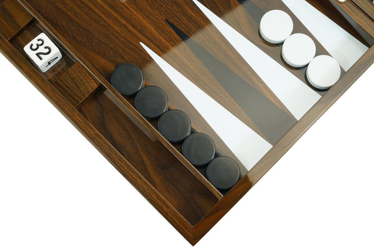Juego de mesa de backgammon lacado de madera de lujo de 18 pulgadas con tazas de dados de cuero premium y fichas de juego acrílicas