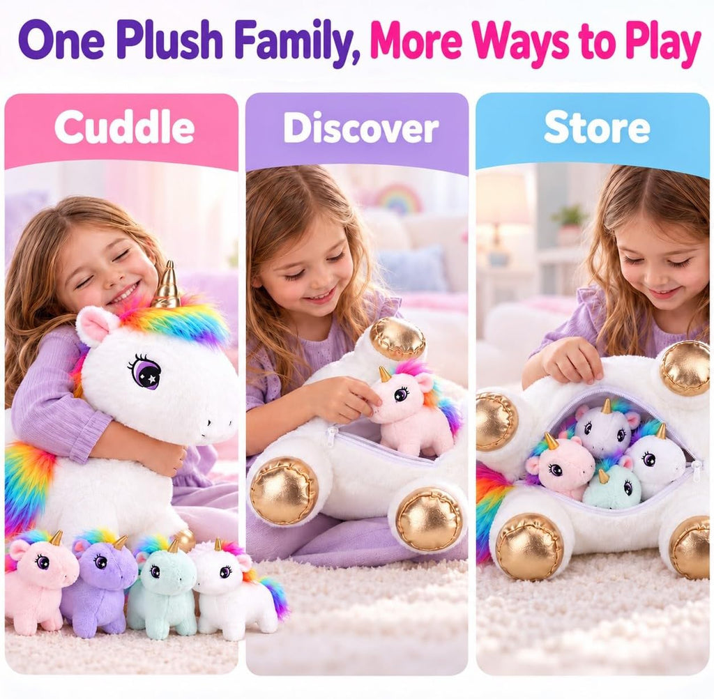 Animal de peluche de unicornio con bebés, conjunto familiar de felpa suave para mamá, lindo juguete de caballo arcoíris, peluche de animales de fantasía, regalo para niños, niñas, niños y