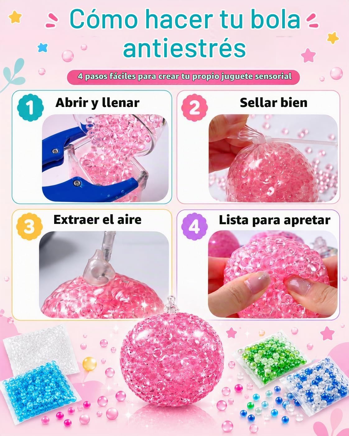 Juego de hacer bolas antiestrés para adultos, juego de fabricación blanda con 15 pieles de bolas TPR, 9 tipos de rellenos, bomba de aire, herramienta de vacío, tapones y bridas para cables, haz que