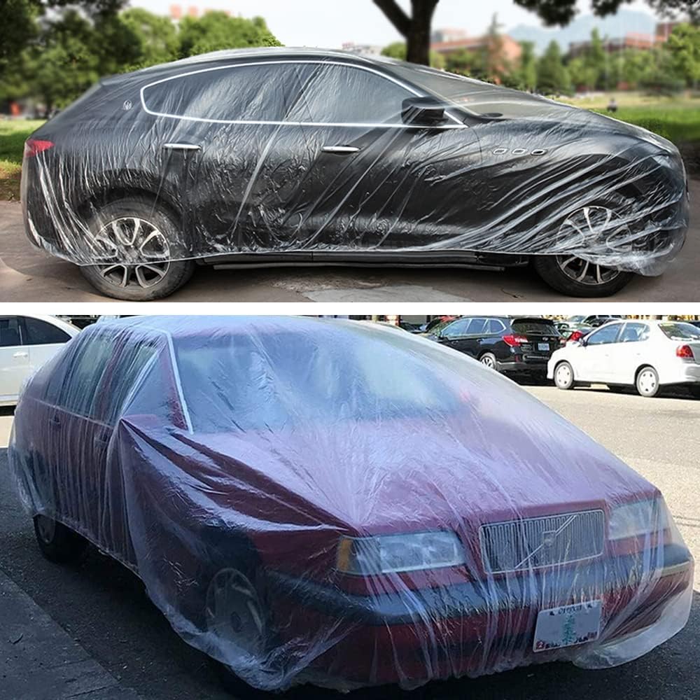 4 paquetes de fundas desechables de plástico transparente para automóvil, cubierta universal de lluvia y polvo para garaje con banda elástica, mediana (12 pies x 22 pies)