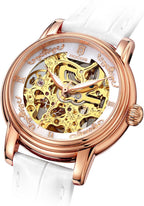 ROCOSJEWE Reloj de pulsera automático mecánico de lujo para mujer, esfera esqueletizada en oro rosado, manecillas luminiscentes, correa de cuero roja, reloj de vestir de moda para mujer, reloj esqueletizado autofaciente resistente al agua, regalo para