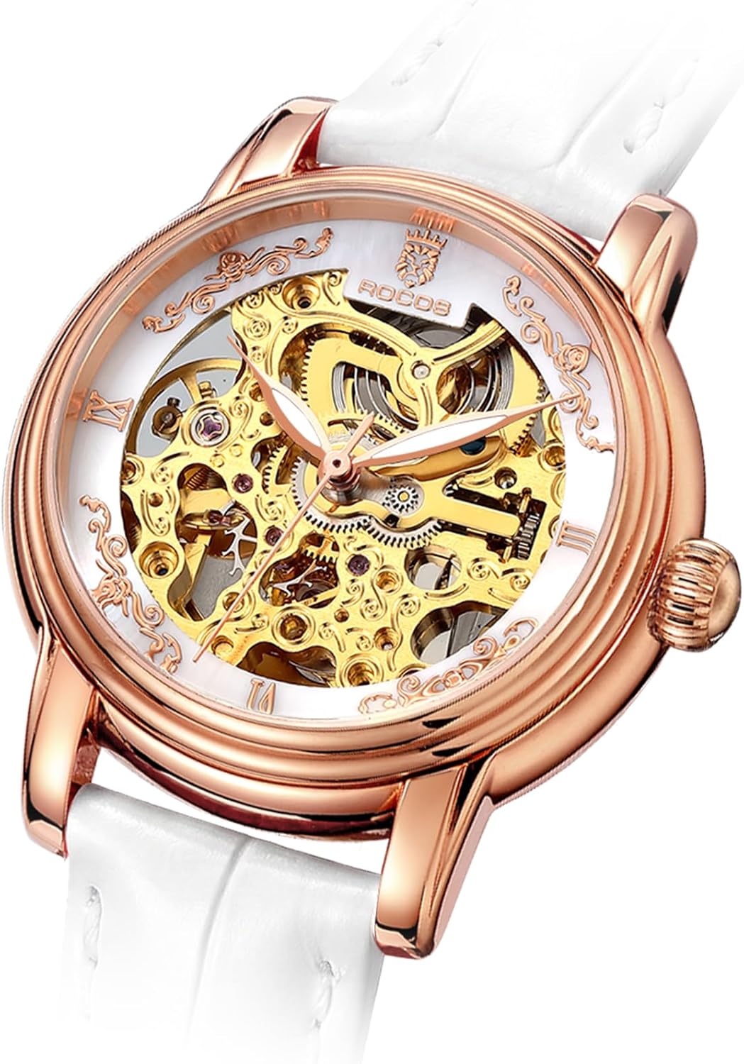 ROCOSJEWE Reloj de pulsera automático mecánico de lujo para mujer, esfera esqueletizada en oro rosado, manecillas luminiscentes, correa de cuero roja, reloj de vestir de moda para mujer, reloj esqueletizado autofaciente resistente al agua, regalo para