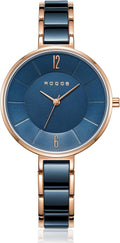 ROCOSJEWE Reloj analógico de cuarzo de cerámica para mujer, esfera azul con acento de oro rosa, diseño ultrafino, cierre de mariposa, relojes impermeables de 98.4 ft para mujer