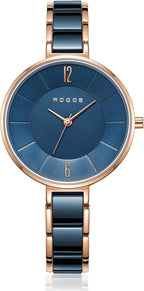 ROCOSJEWE Reloj analógico de cuarzo de cerámica para mujer, esfera azul con acento de oro rosa, diseño ultrafino, cierre de mariposa, relojes impermeables de 98.4 ft para mujer