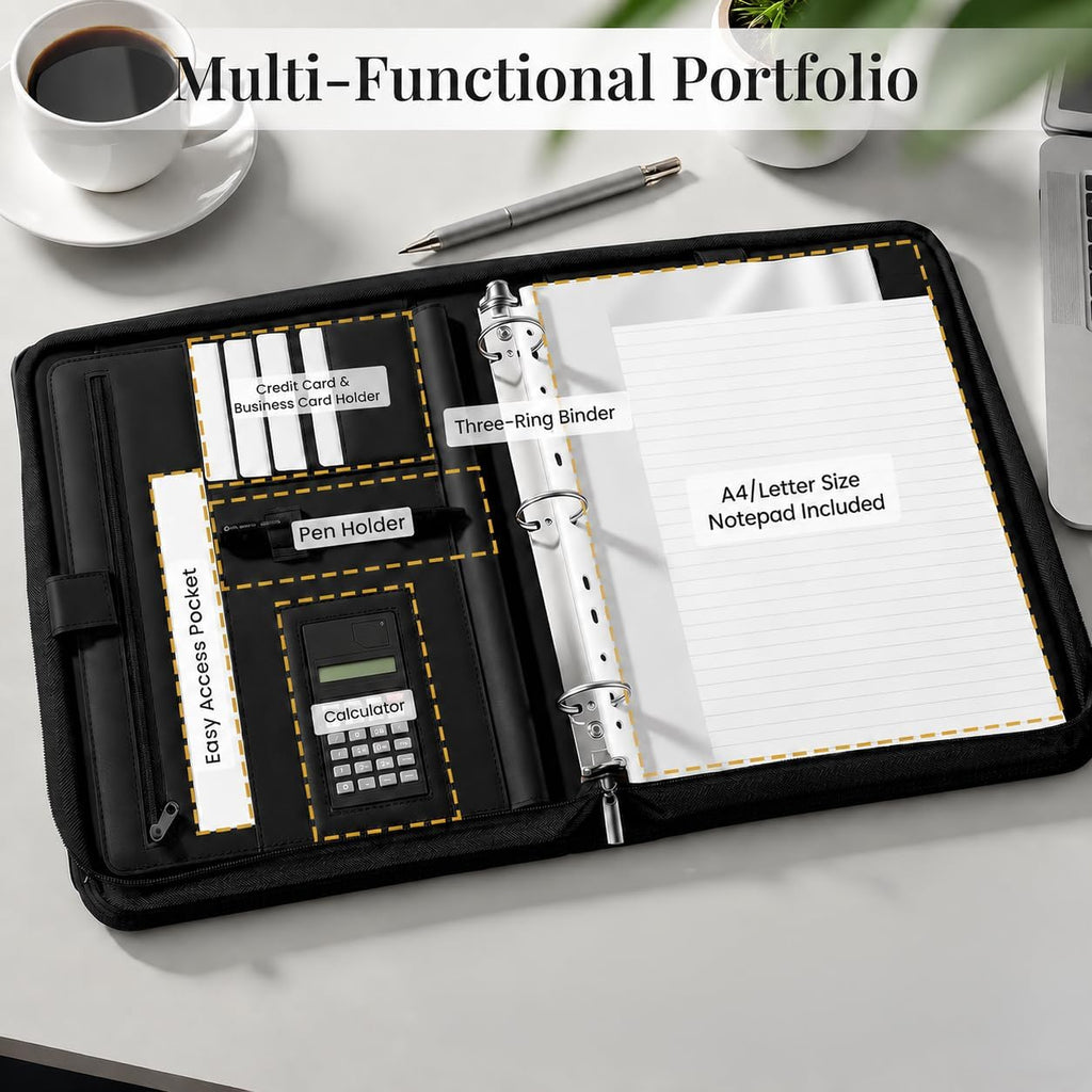 Carpeta de piel sintética con asa y calculadora solar, organizador de carpetas de 3 anillos con cremallera con bloc de notas y portapapeles, cuaderno profesional de currículum de negocios para
