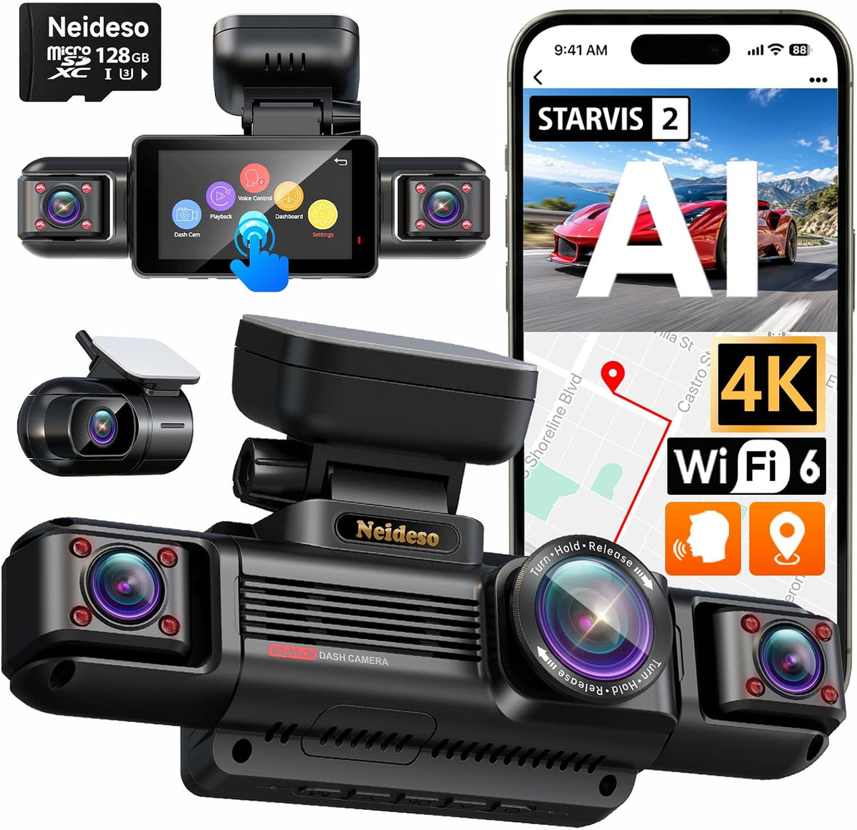 Cámara de tablero 4K STARVIS 2 Delantera y Trasera con WiFi 5.8G y tarjeta 128GB, N300Pro