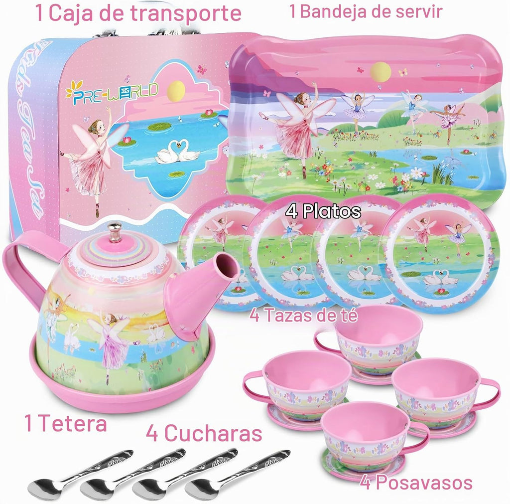 Juego de té para niñas pequeñas, 50 piezas de juguete de princesa para fiestas de té, incluye postre, galletas, dona, bandeja de tetera, pastel, mantel y funda de transporte, juego de
