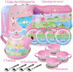 Juego de té para niñas pequeñas, 50 piezas de juguete de princesa para fiestas de té, incluye postre, galletas, dona, bandeja de tetera, pastel, mantel y funda de transporte, juego de