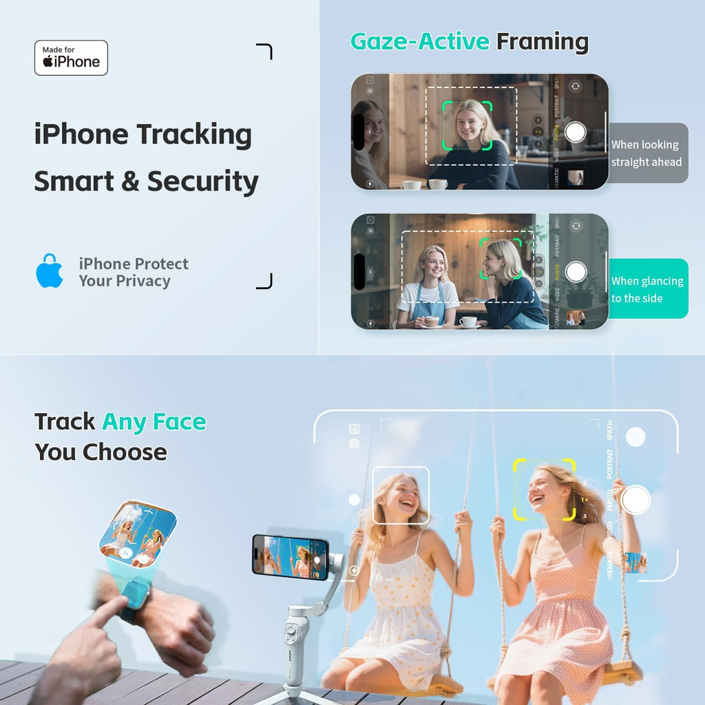 COMITOK MOGO Solo para iPhone, estabilizador de cardán para iPhone, [certificado MFi] cardán de teléfono con seguimiento facial de 360 grados para grabación de video