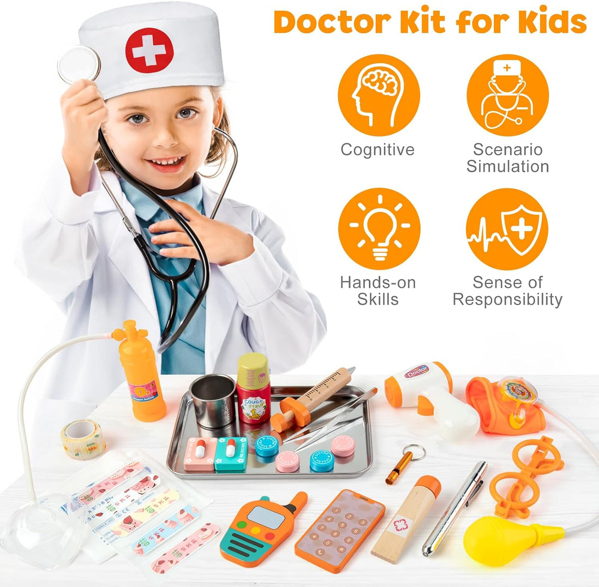 EFO SHM Kit de médico para niños, 34 piezas para niños pequeños de 3 a 5 años con bolsa de almacenamiento médico y estetoscopio real, para niños y niñas, divertido juego de rol, juego de doctor para