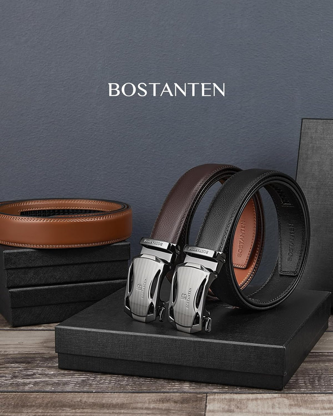 BOSTANTEN - Juego de 2 cinturones de trinquete de cuero para hombre...