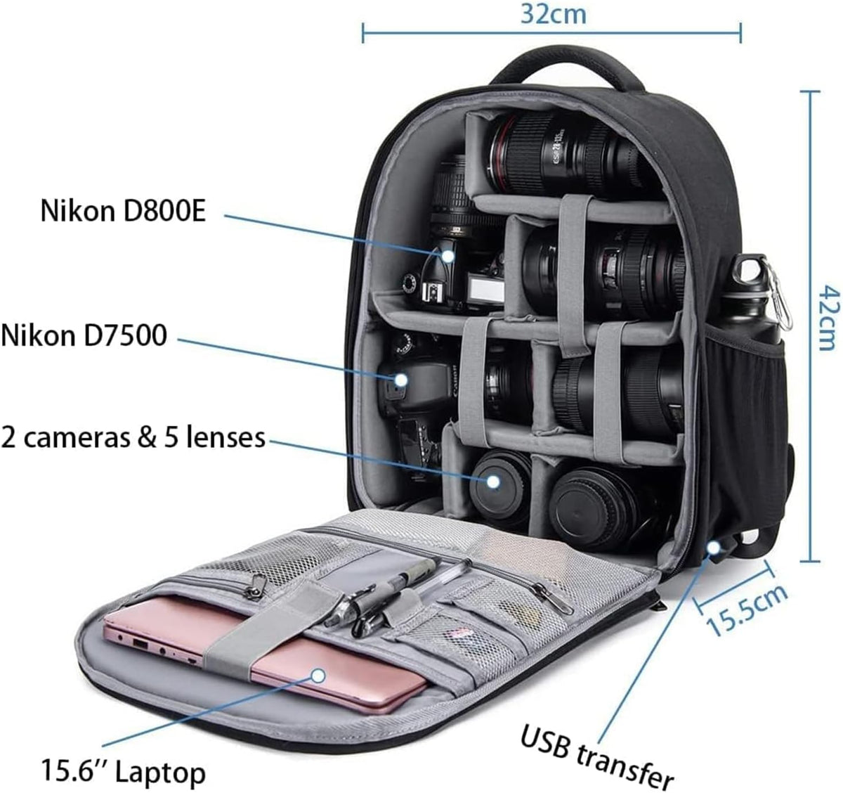 Mochila para cámara CADeN profesional para DSLR con puerto de carga USB y cubierta impermeable, mochila para fotografía y laptop para mujeres y hombres