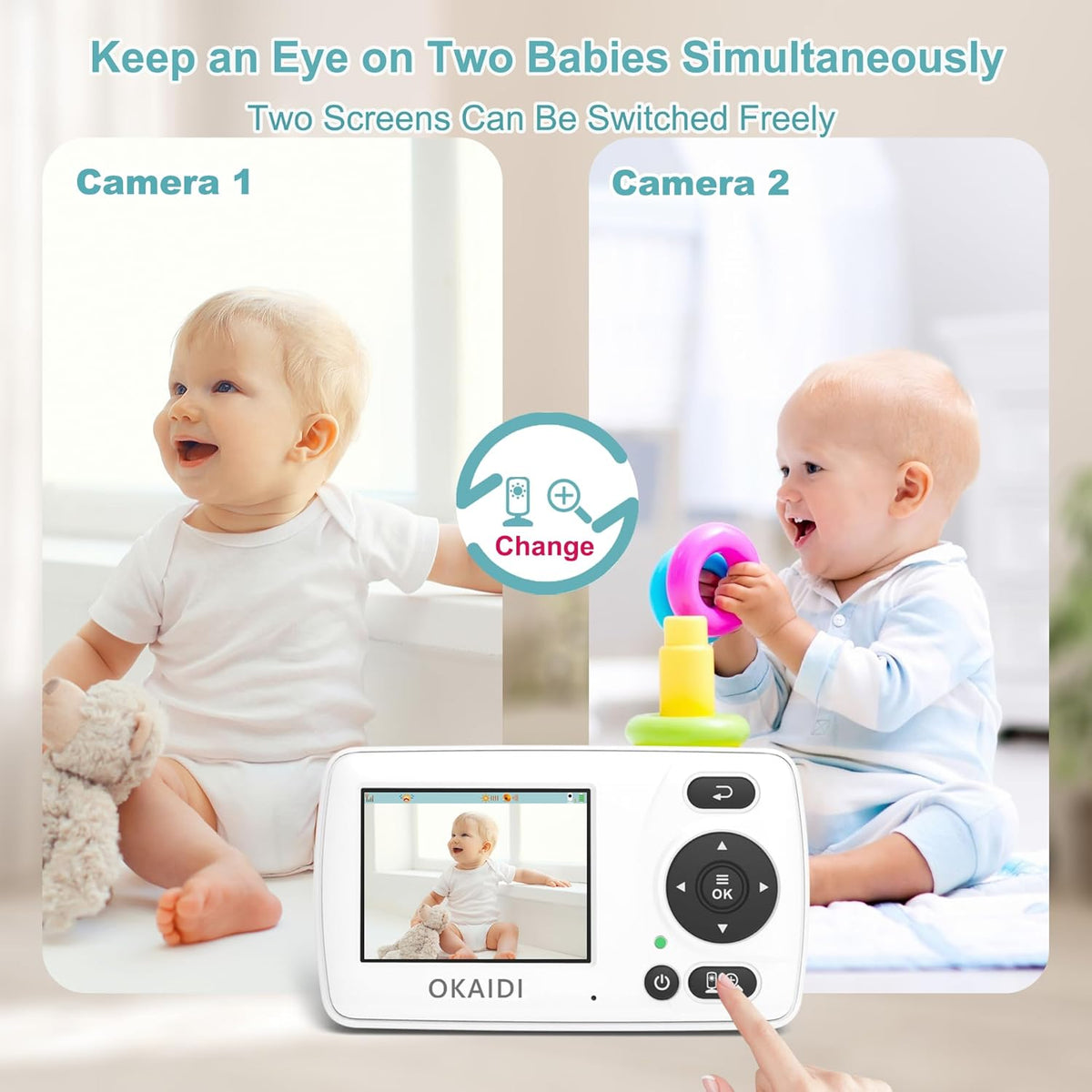 OKAIDI Monitor de video para bebés con 2 cámaras, pantalla de viaje...