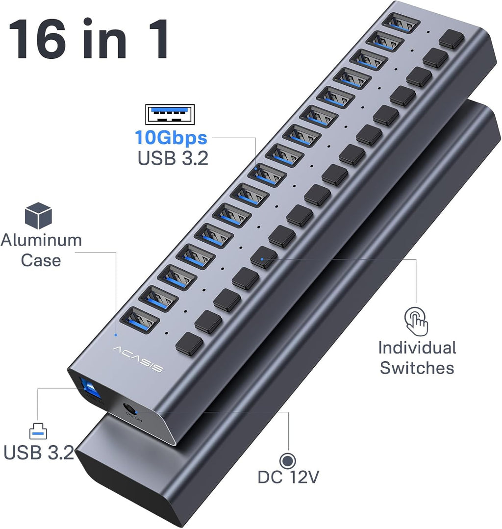 ACASIS, HS082, hub USB 3.2 de 16 puertos, alimentado