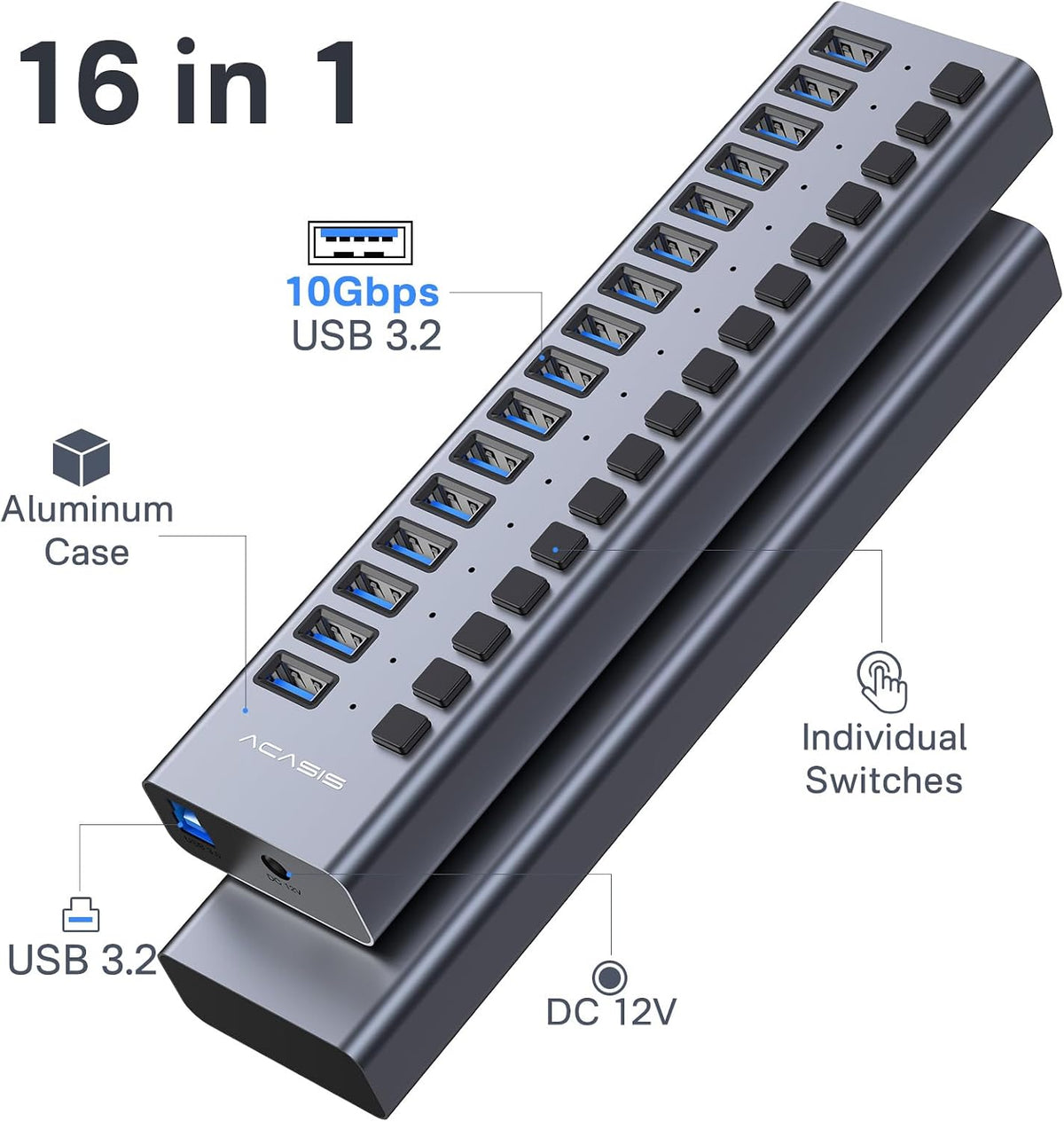ACASIS, HS082, hub USB 3.2 de 16 puertos, alimentado