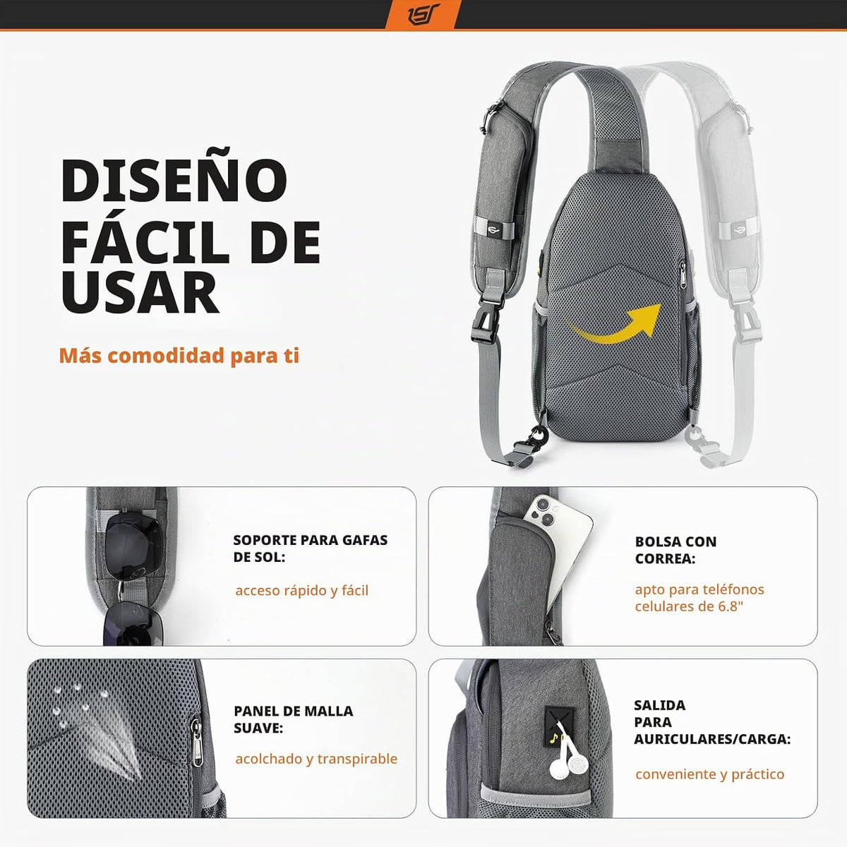 SKYSPER - Mochila de bandolera con bloqueo RFID, mochila cruzada en el hombro, mochila de viaje y senderismo, mochila de día para mujeres y hombres (gris oscuro)