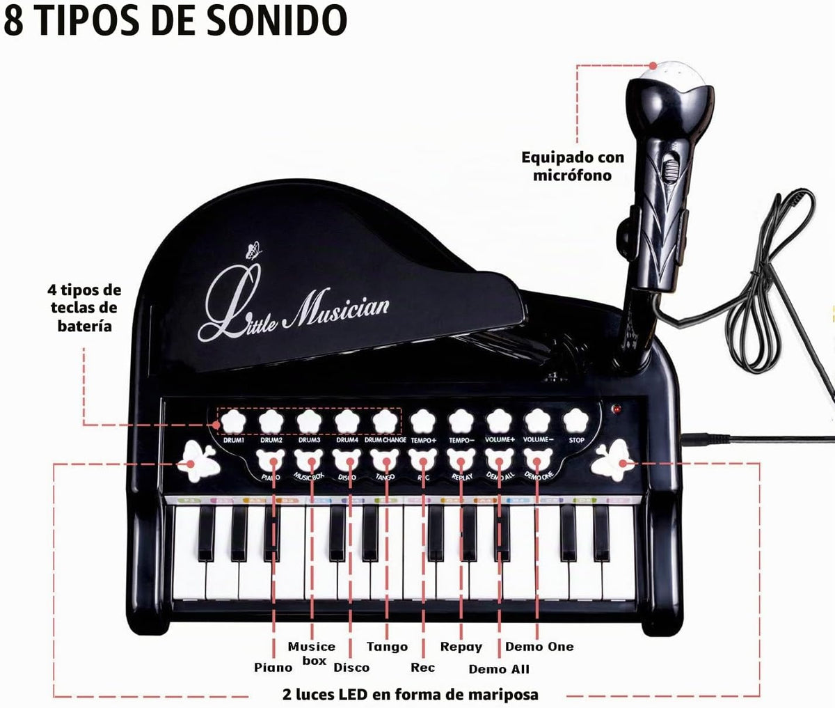 Piano de juguete de 24 teclas para niños, instrumento musical elctrónico educativo con micrófono