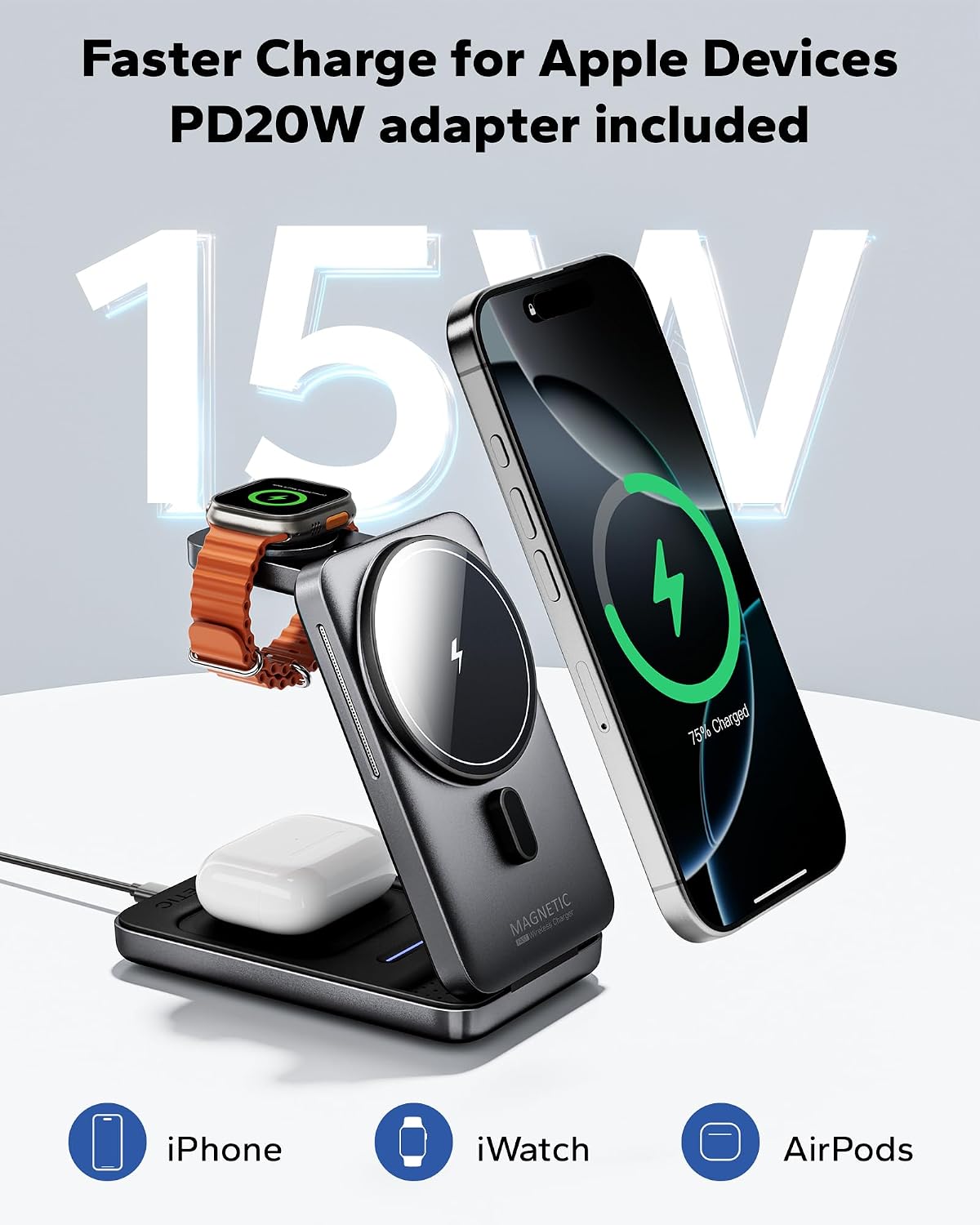 Estación de carga plegable 3 en 1 para Magsafe, cargador de teléfono de viaje y reloj para Apple, base de carga inalámbrica PD20W para múltiples dispositivos iPhone 17 16 15 14 13 12 Series/Apple