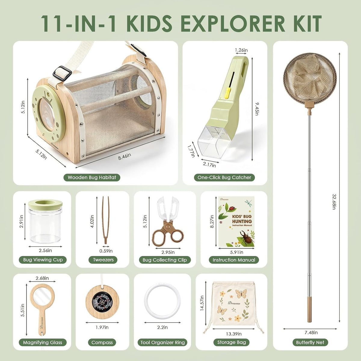 Dreamon Kit de atrapa insectos para niños de 4 a 8 años, juego de 11