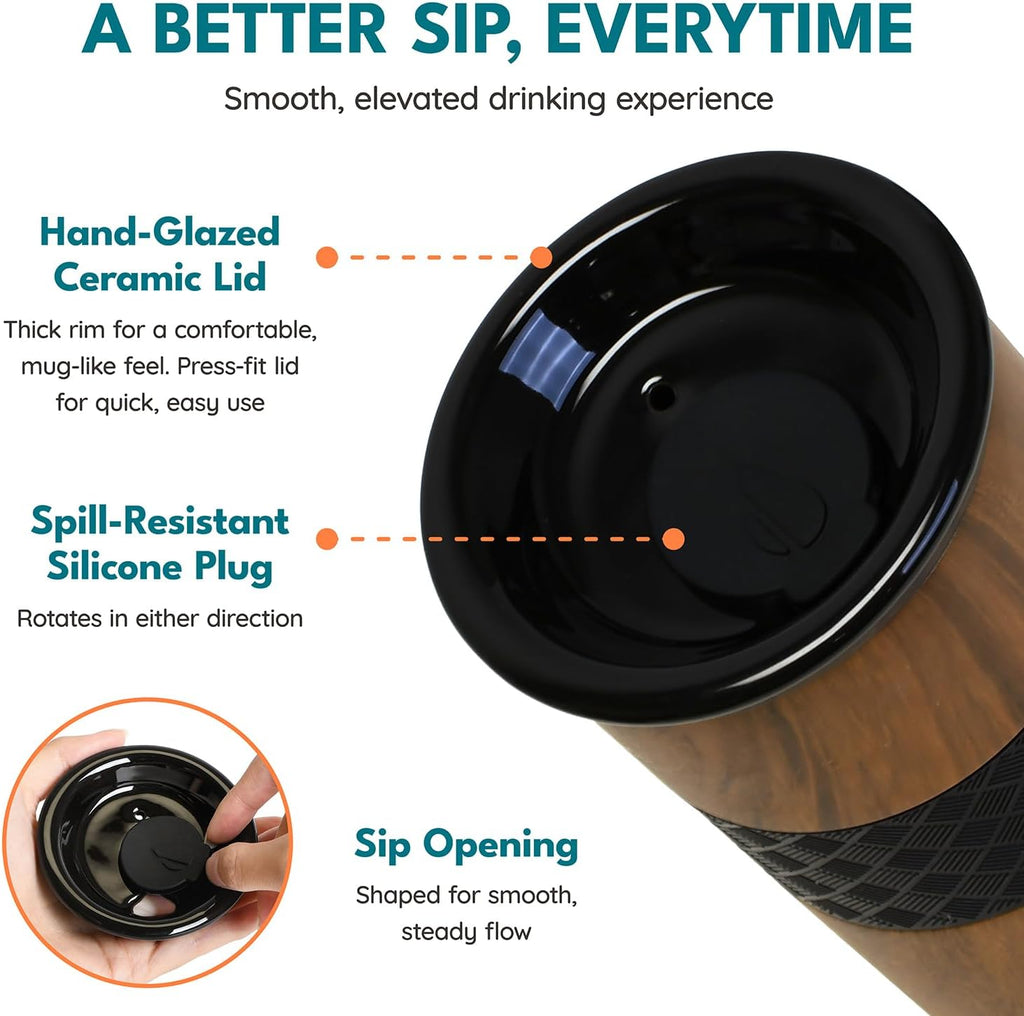 Elemental Artisan - Vaso aislado de triple pared, taza de viaje para café, reutilizable, de acero inoxidable, con tapa de cerámica, tazas de café térmicas para bebidas calientes (6 horas) y frías (18