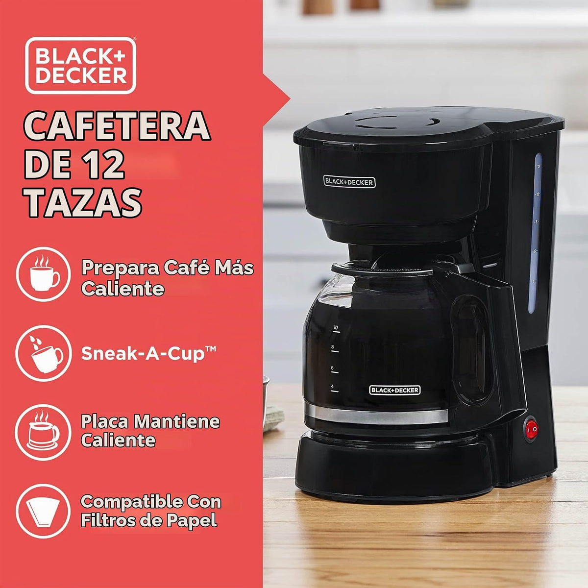 BLACK+DECKER Cafetera de café de 12 tazas con interruptor de encendido/apagado fácil, fácil de verter, jarra sin goteo con cesta de filtro extraíble, tecnología Vortex, color negro