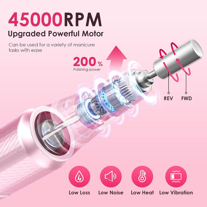 HELIVIVE Taladro de uñas eléctrico profesional de 45000 RPM (portát...